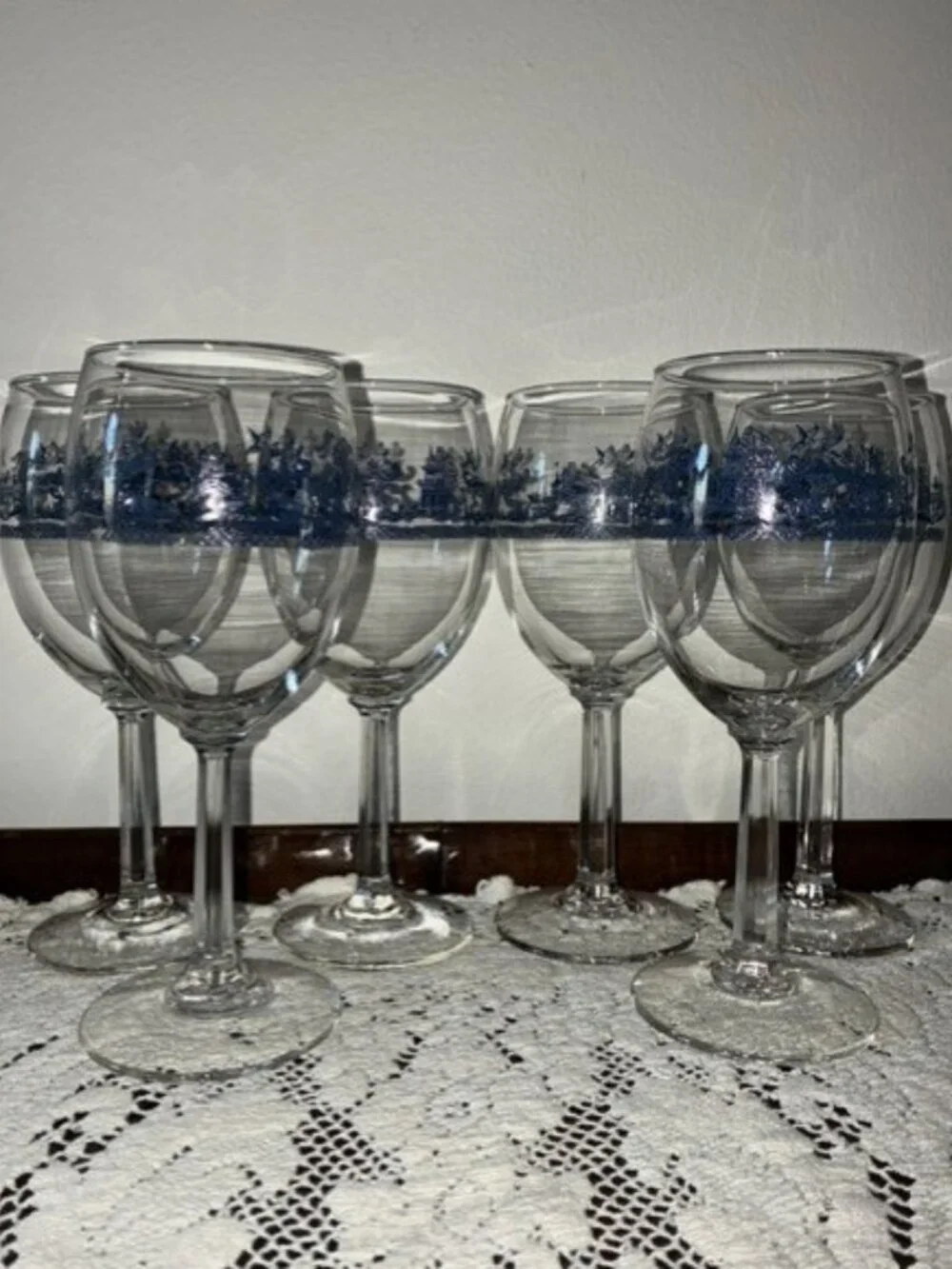 Set of 6 Johnson Brothers Chinese-Inspired Pagoda Blue Willow Wine Glasses